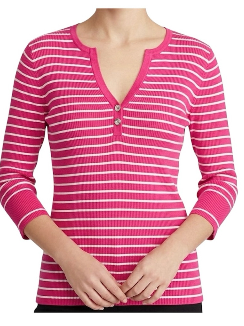 Ralph Lauren Pink White Stripe Knit Henley Knit Top L Preppy